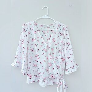 Floral Wrap Blouse - White with Red Accents